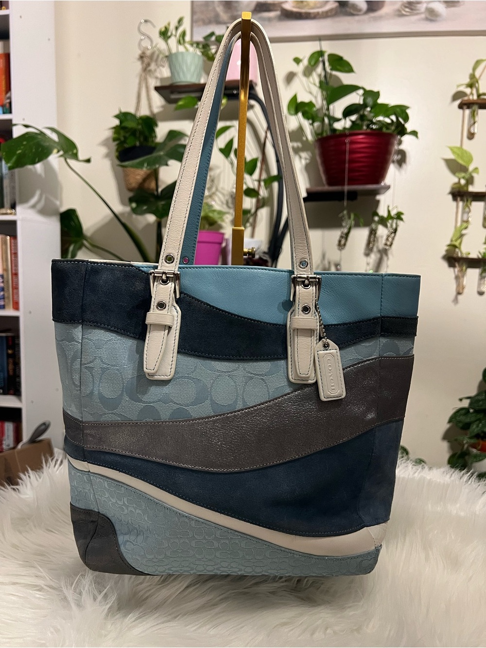 Coach Wave Patchwork Tote in Blue, Cream and Gray